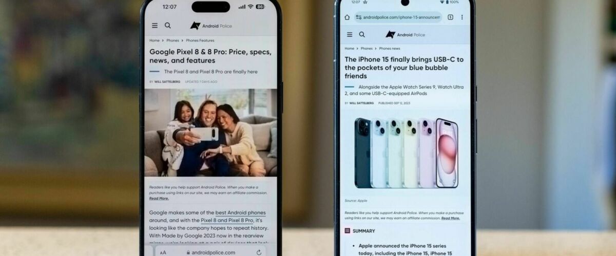 The iPhone 15 Pro Max next to the Google Pixel 8 Pro on a kitchen counter, both displaying the Android Police website