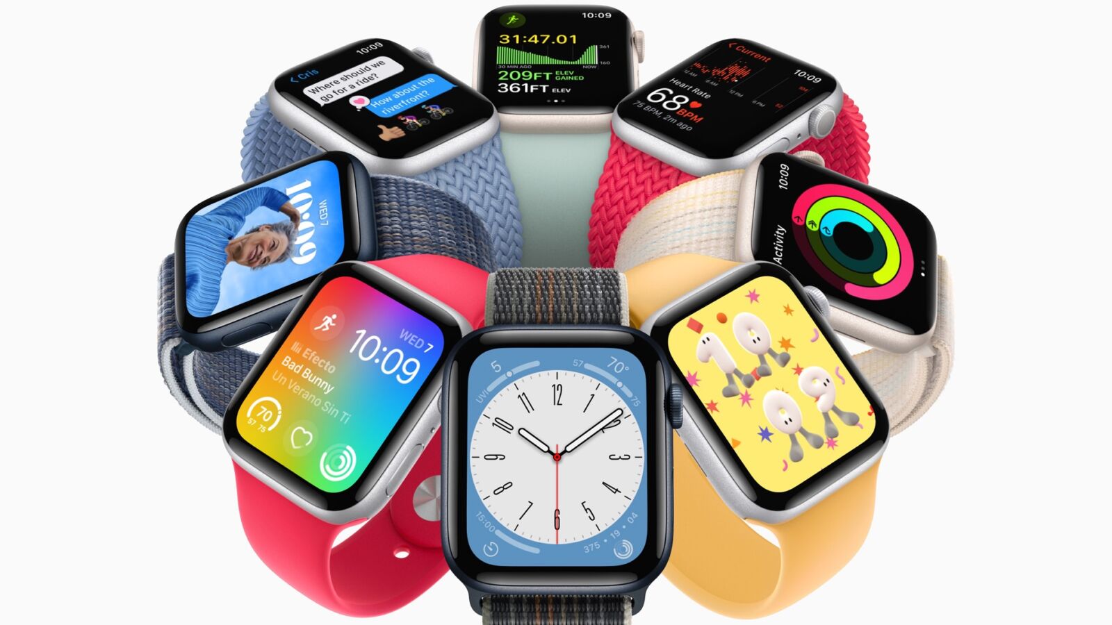 The Apple Watch SE 2022 with different colors and straps