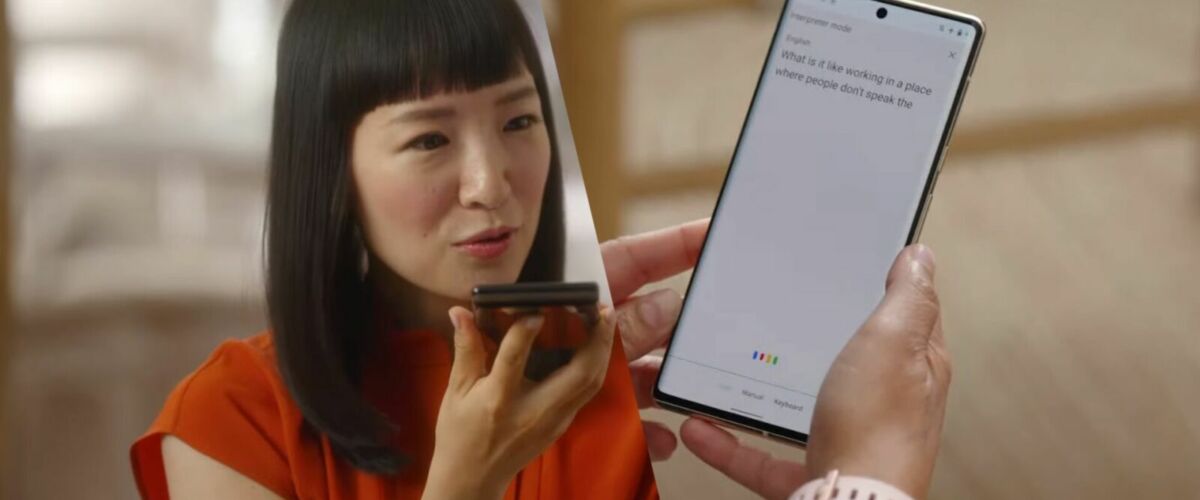 women speaking into phone and hand holding transcribed speech