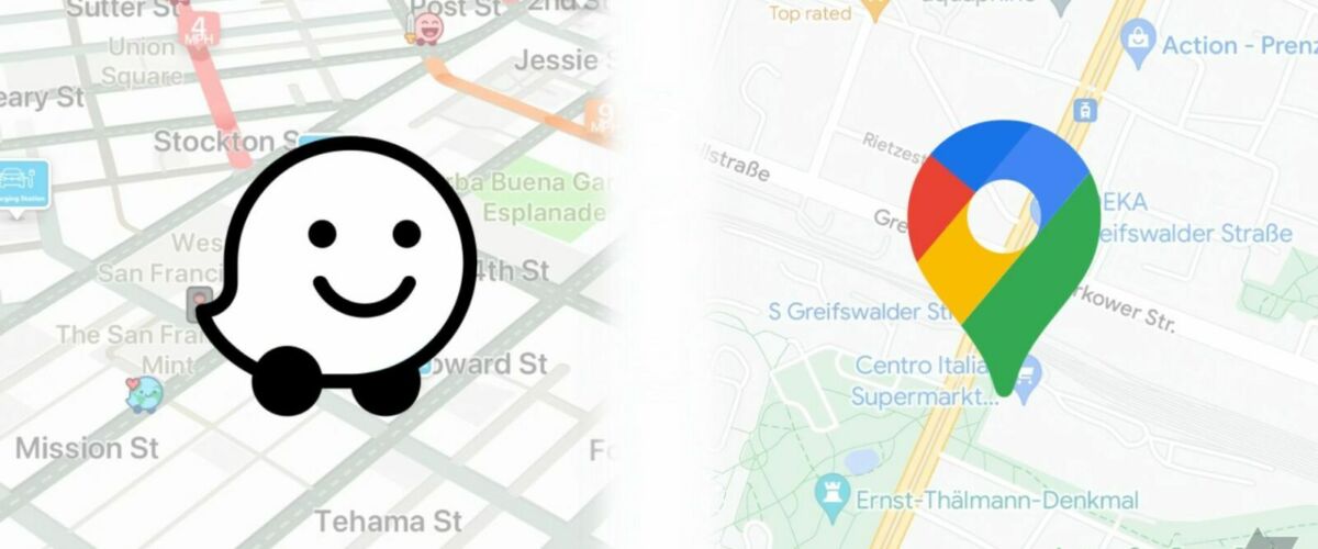 waze and google maps logos superimposed on maps