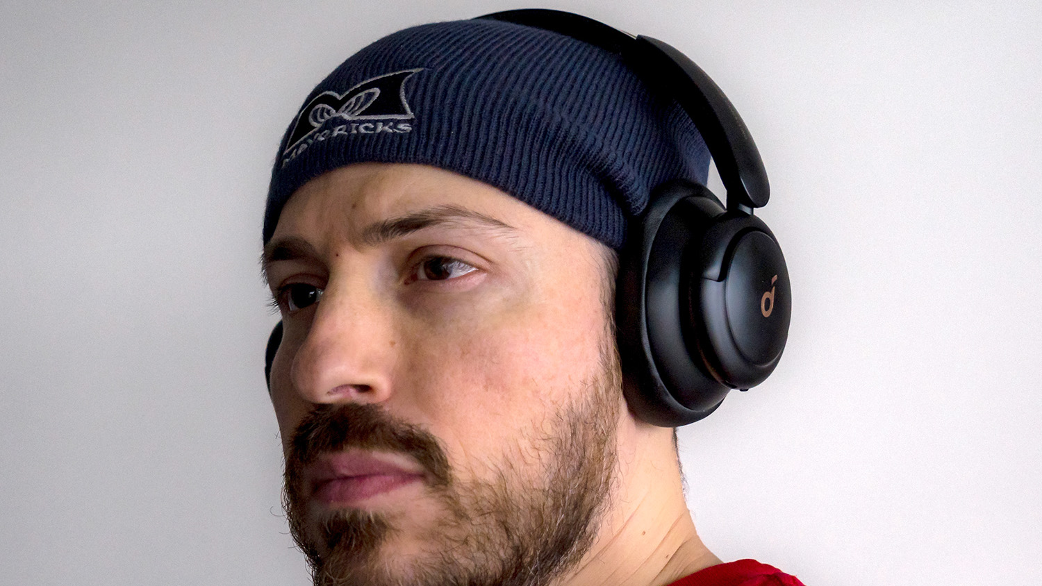 Wearing the Anker Soundcore Life Q30.