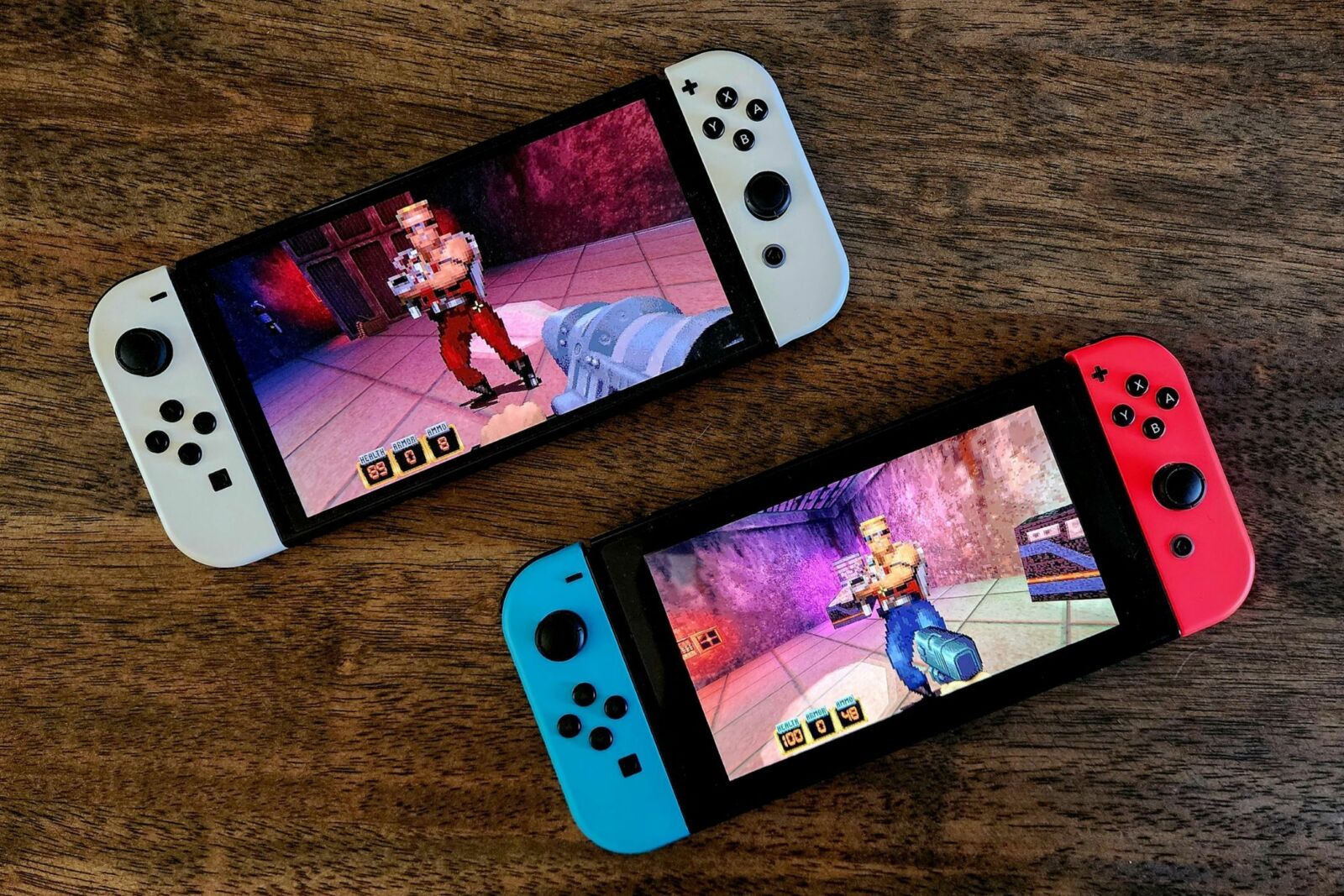 Two Switch consoles running Duke Nukem 3D in local wireless mode