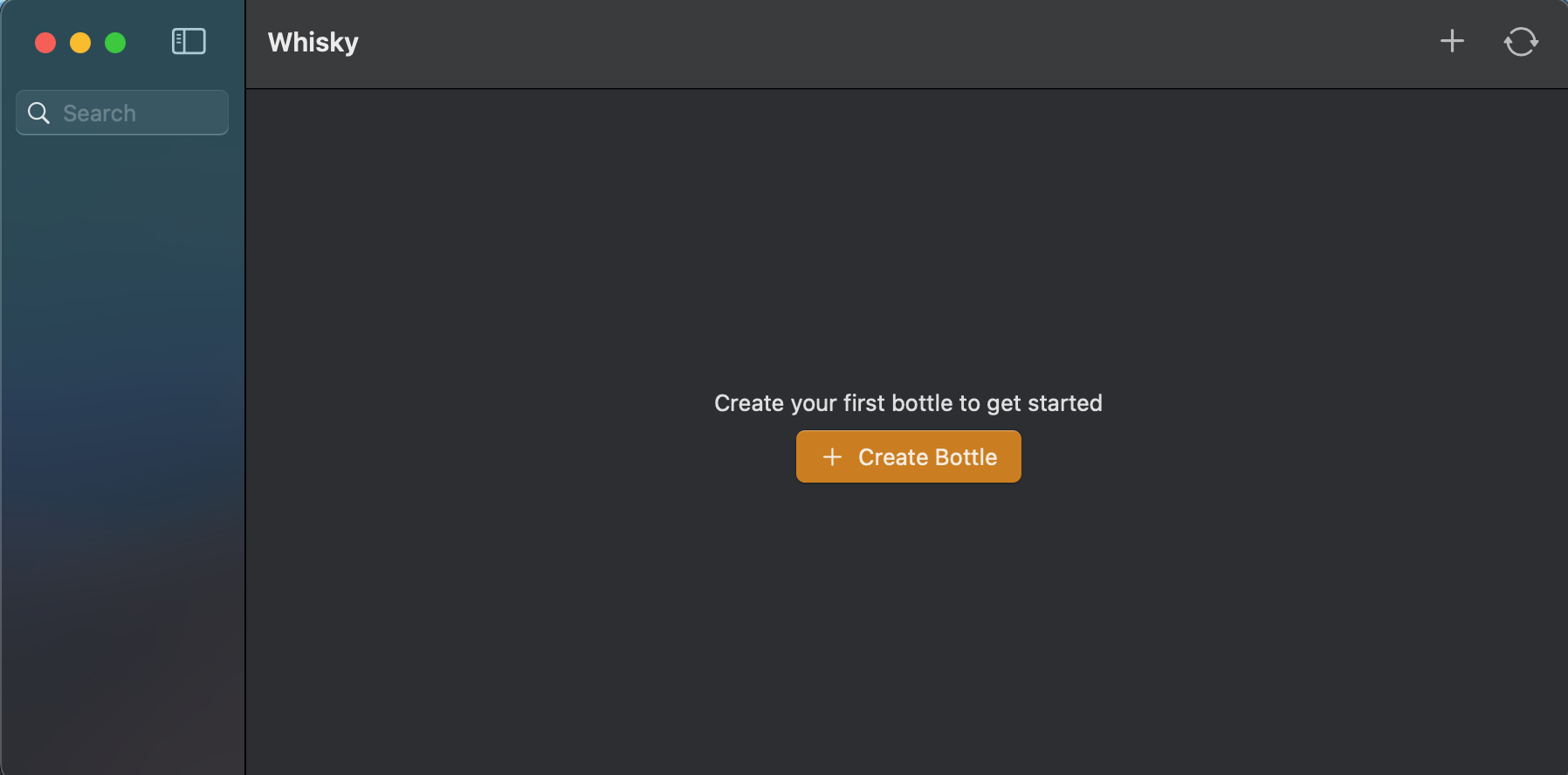 The home screen of Whisky with no bottles created.