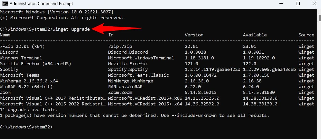 'winget upgrade' command typed in Command Prompt.