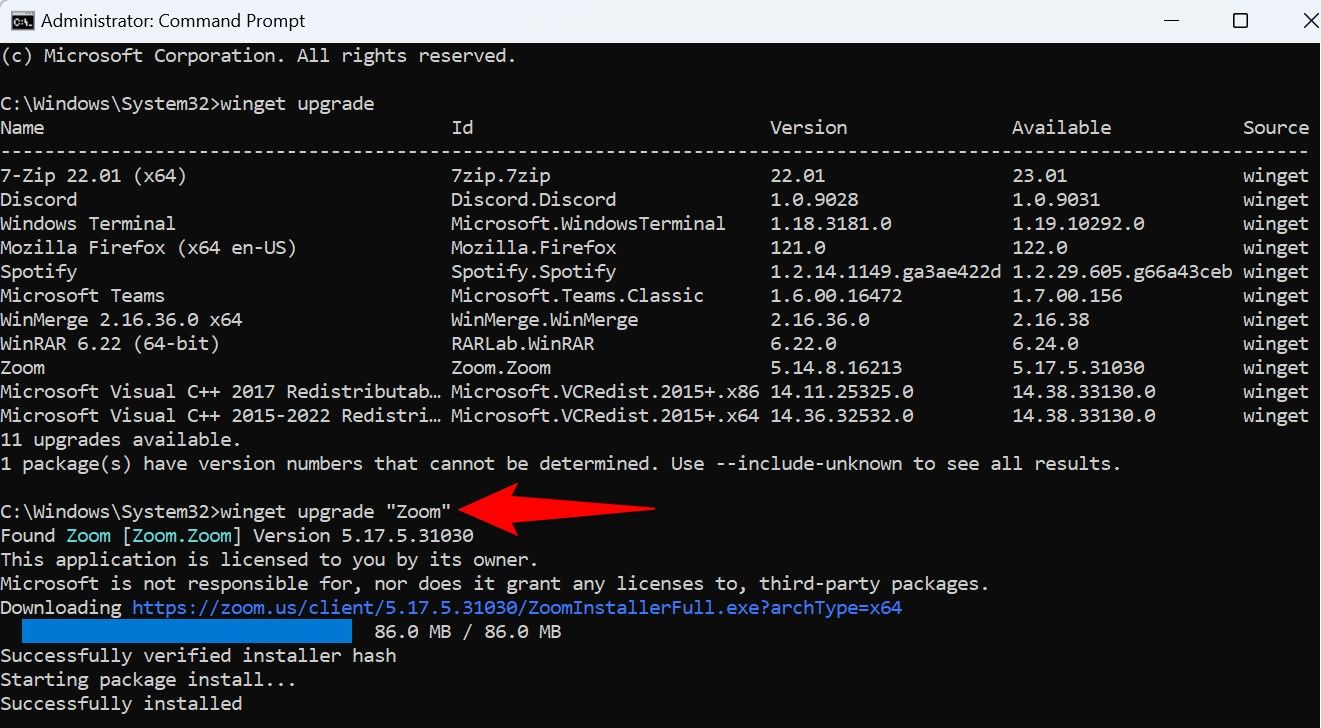 'winget upgrade 'Zoom' typed in Command Prompt.