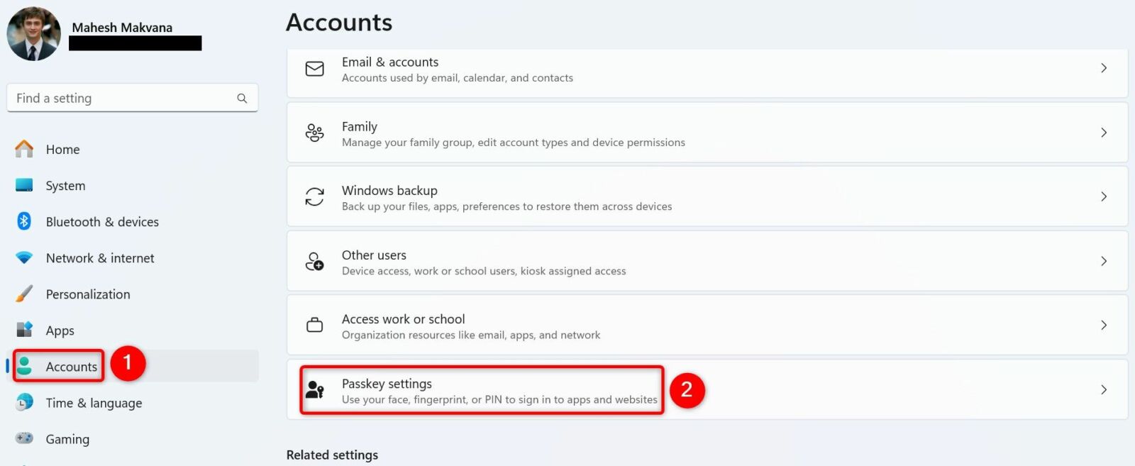 'Accounts' and 'Passkey Settings' highlighted in Windows 11 Settings.