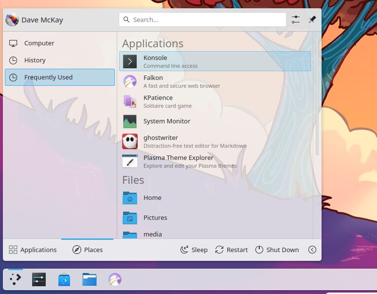 The KDE Plasma 6.0 Application Launcher showing Frequently Used applications and places