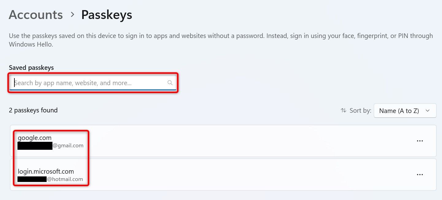 The search box and the saved passkeys highlighted in Windows 11 Settings.