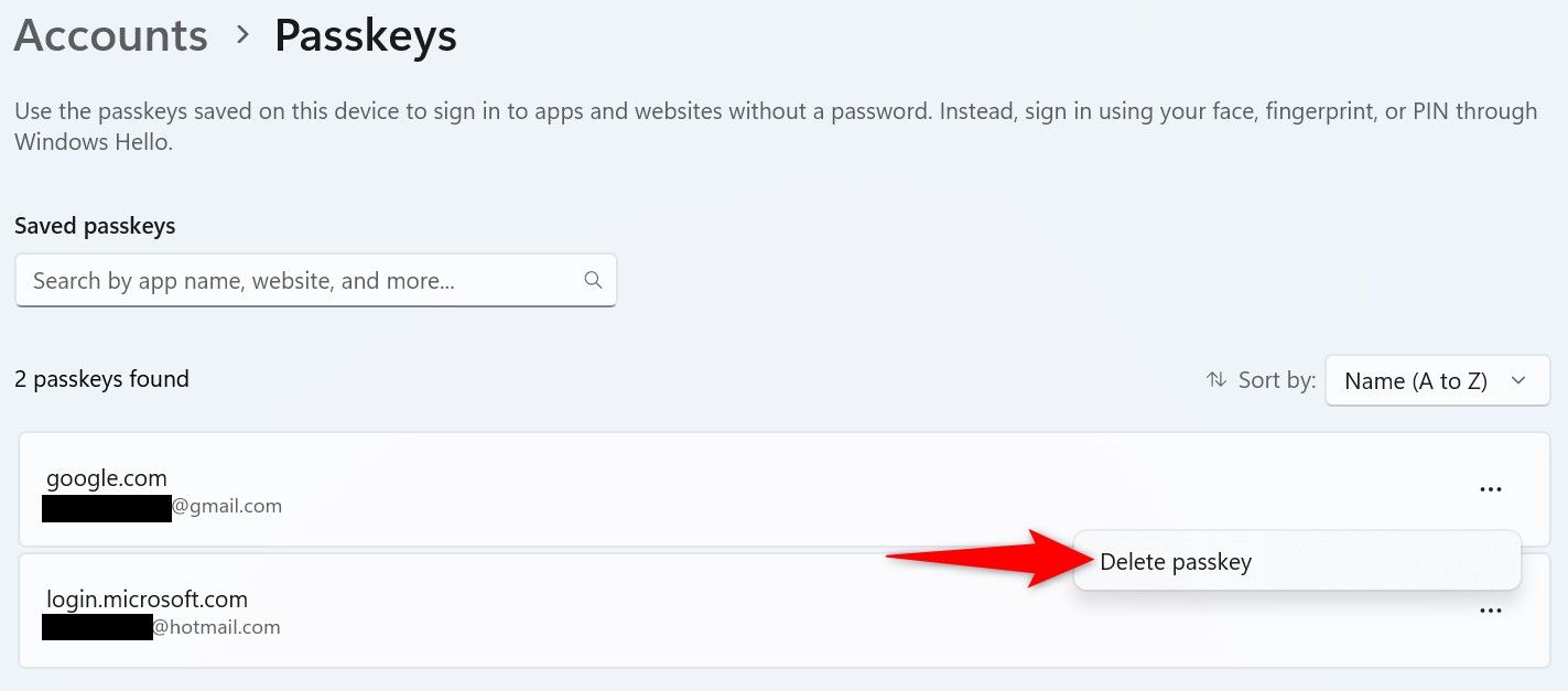 'Delete Passkey' highlighted for a passkey in Windows 11 Settings.