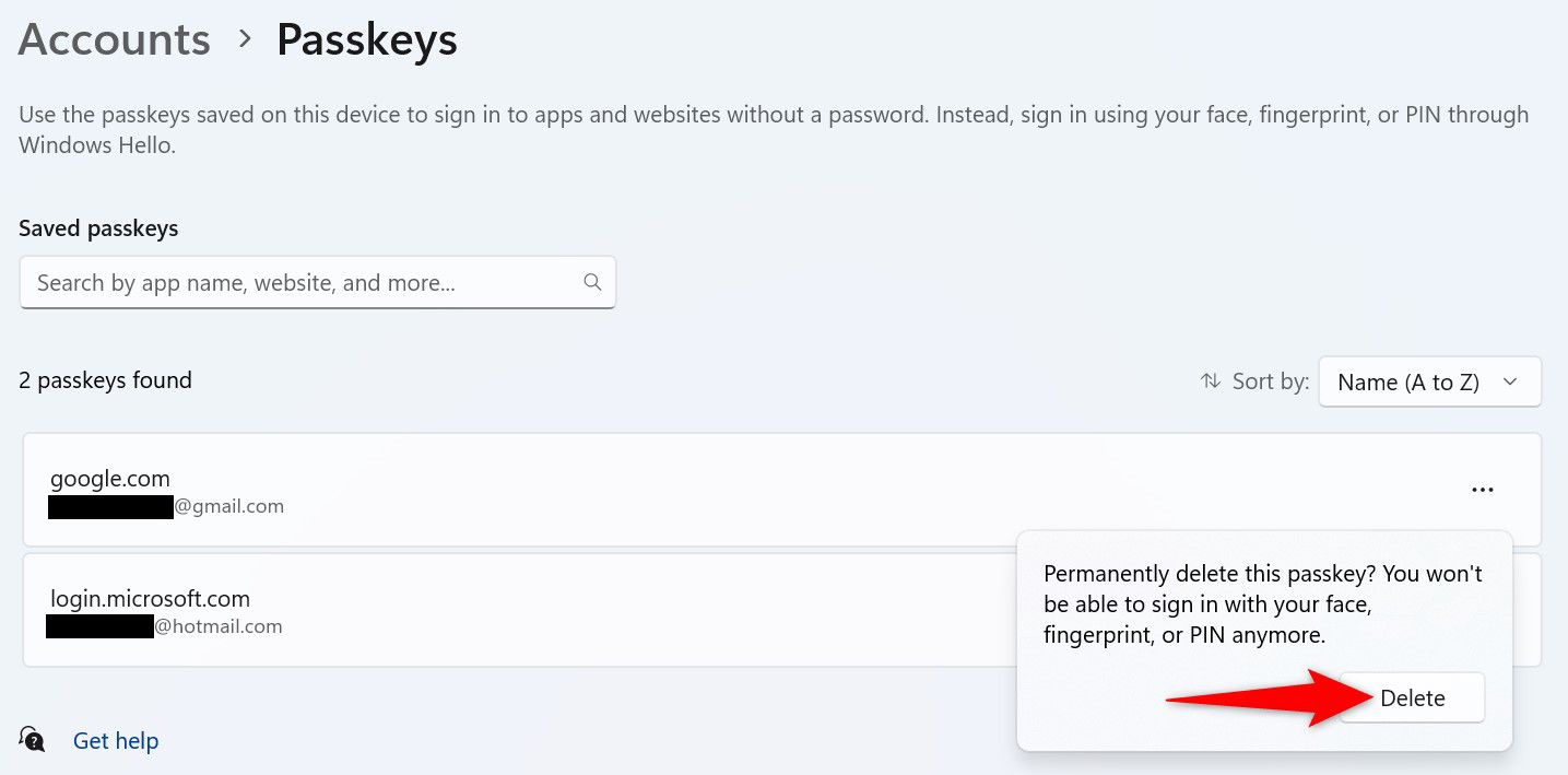 'Delete' highlighted in the passkey removal prompt.