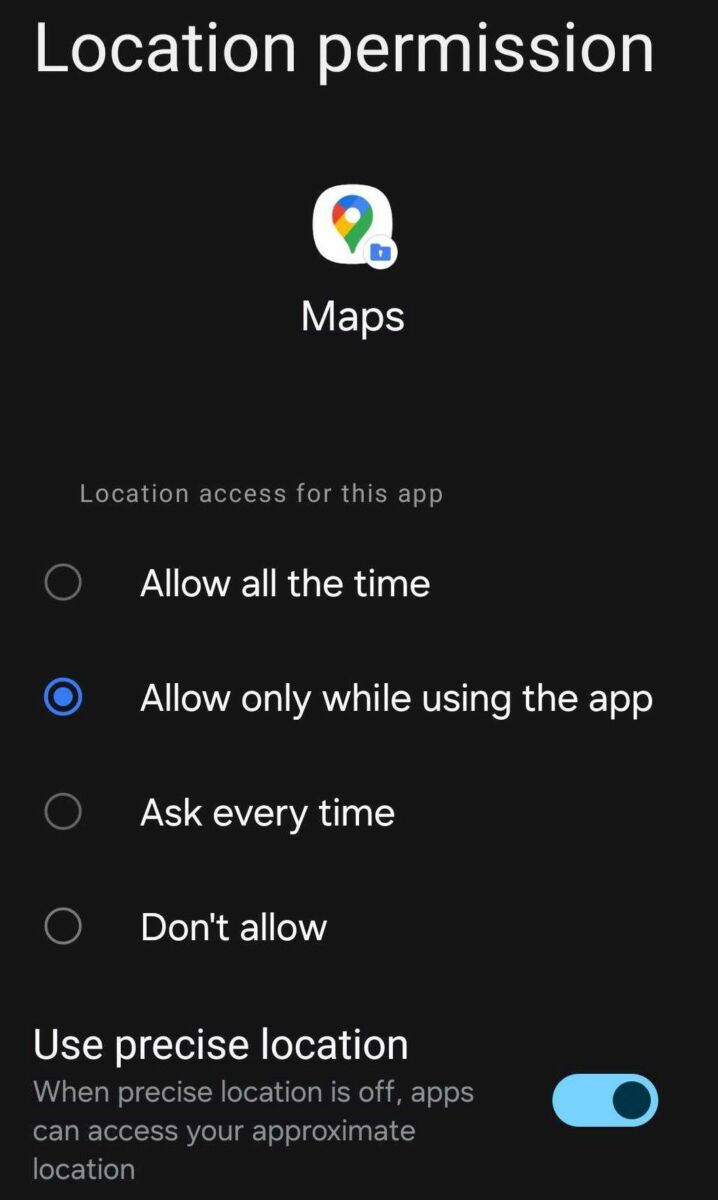 Changing the location permission of the Google Maps app.