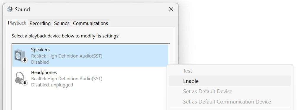 Enabling the audio playback device in sound settings.