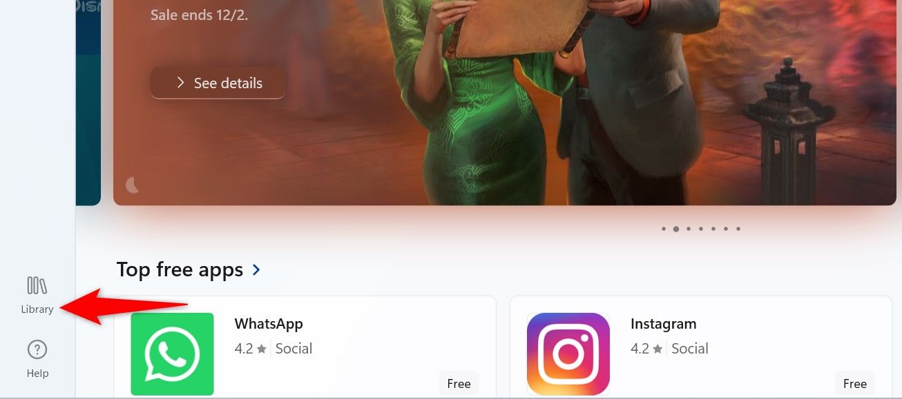 'Library' highlighted in Microsoft Store.