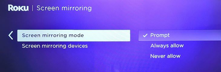 Roku screen mirroring options.