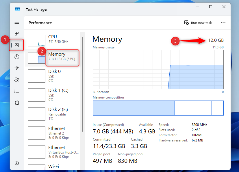 The Memory dialog in the Windows Task Mangaer with the RAM size highlighted with a red arrow.