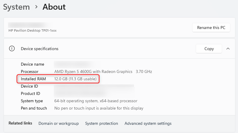 Windows 11 settings menu with the Installed RAM statistics highlighted.