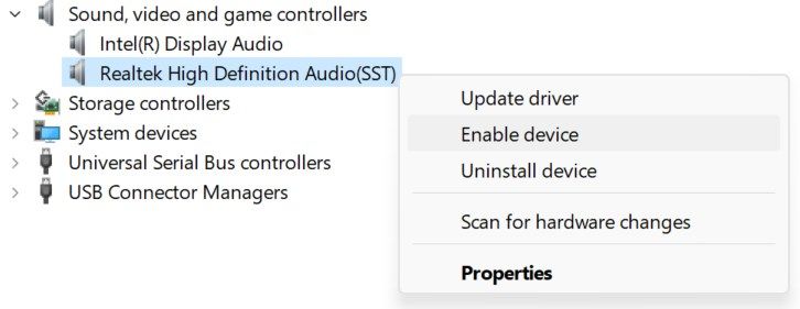 Enabling the audio device in device manager on Windows.