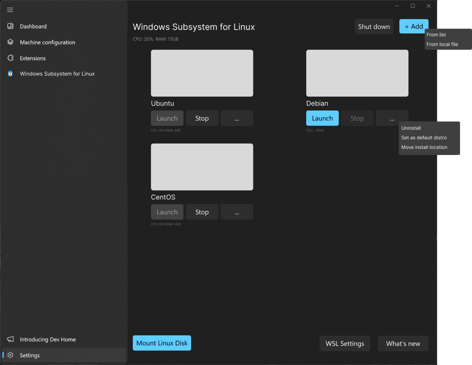 Screenshot of Windows Subsystem for Linux interface with options to manage Linux distributions.