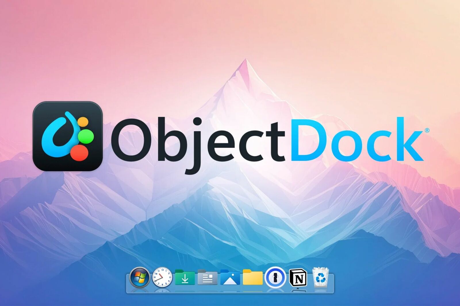 The ObjectDock logo over a Windows 11 installation.