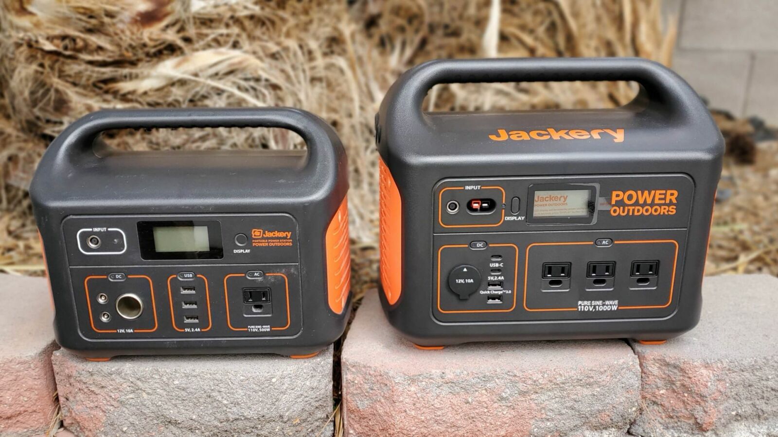 Jackery Explorer 500 and 1000W power stations sitting outdoors.