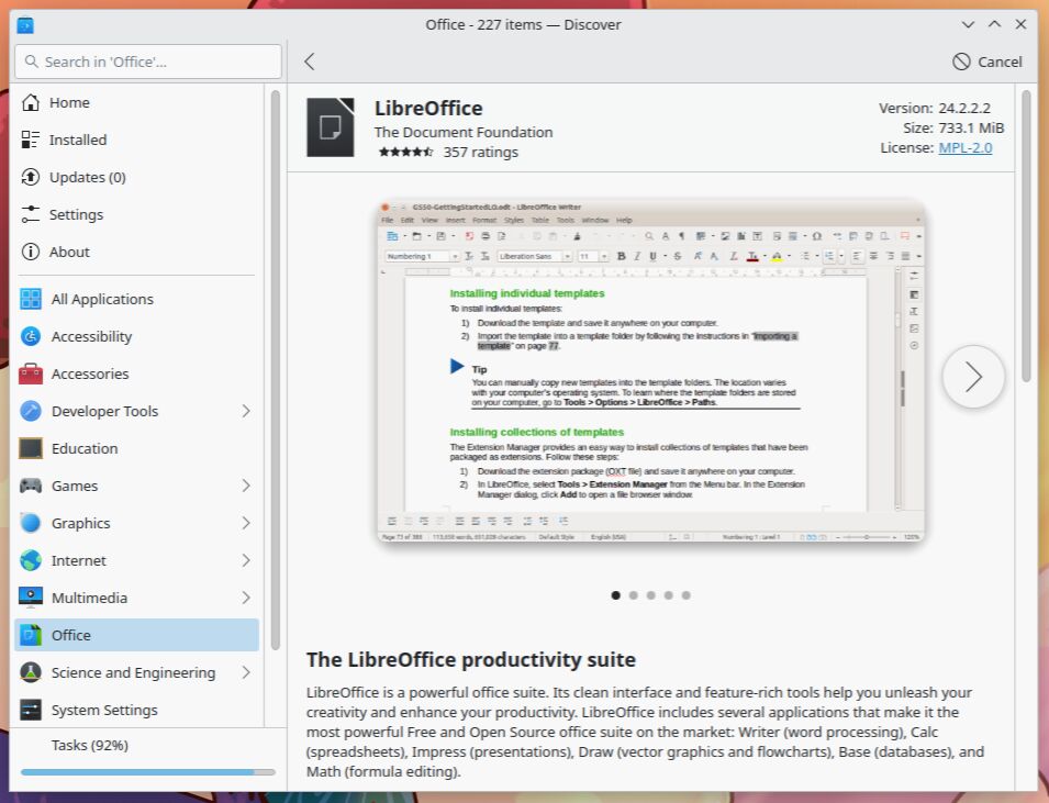 The LibreOffice entry in the KDE Plasma 6.0 Discover app store