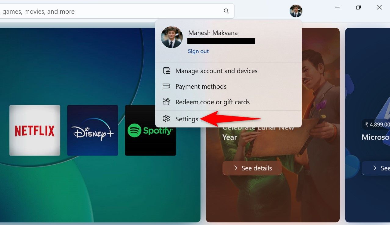 'Settings' highlighted in the profile menu of Microsoft Store.