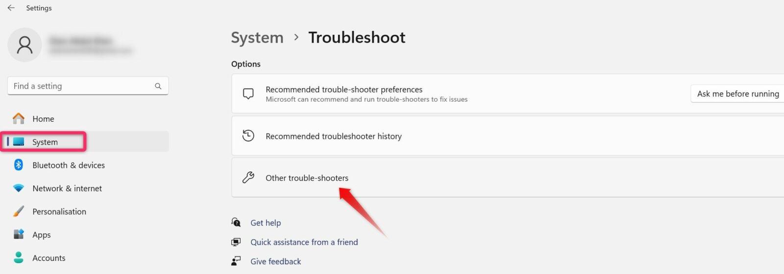 Opening other troubleshooters settings on windows.