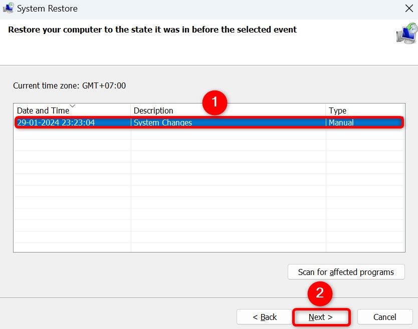 A restore point and 'Next' highlighted in System Restore.