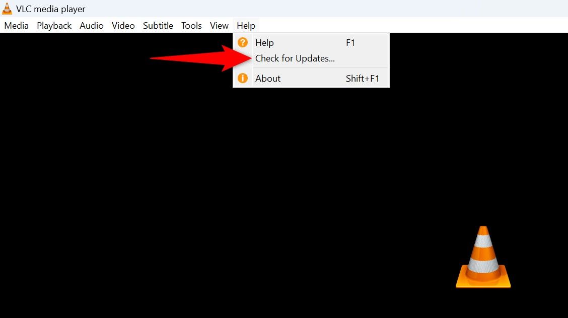 Help > Check for Updates highlighted in VLC Media Player.