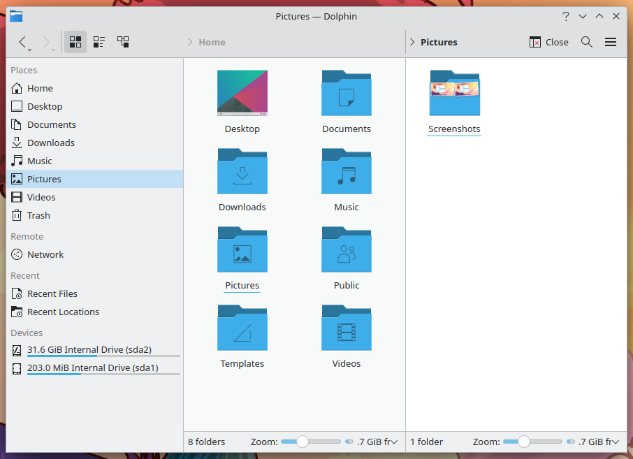 The KDE Plasma Dolphin file browser with split panes