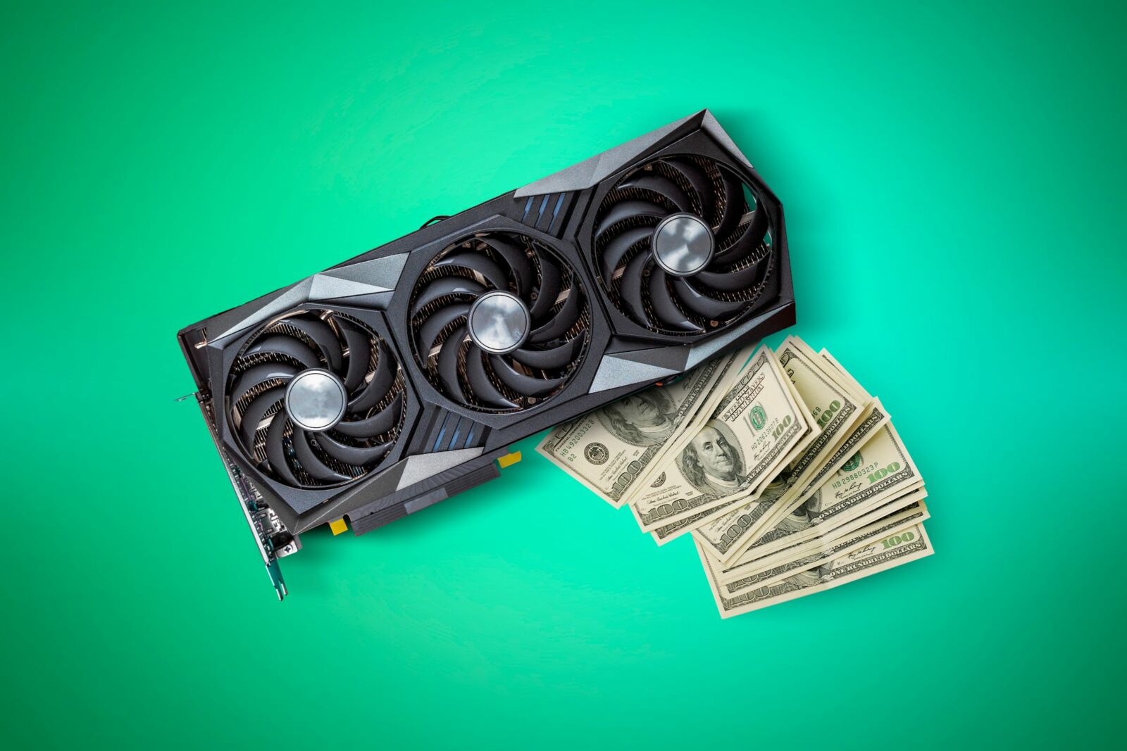 A GPU with a few dollar bills underneath