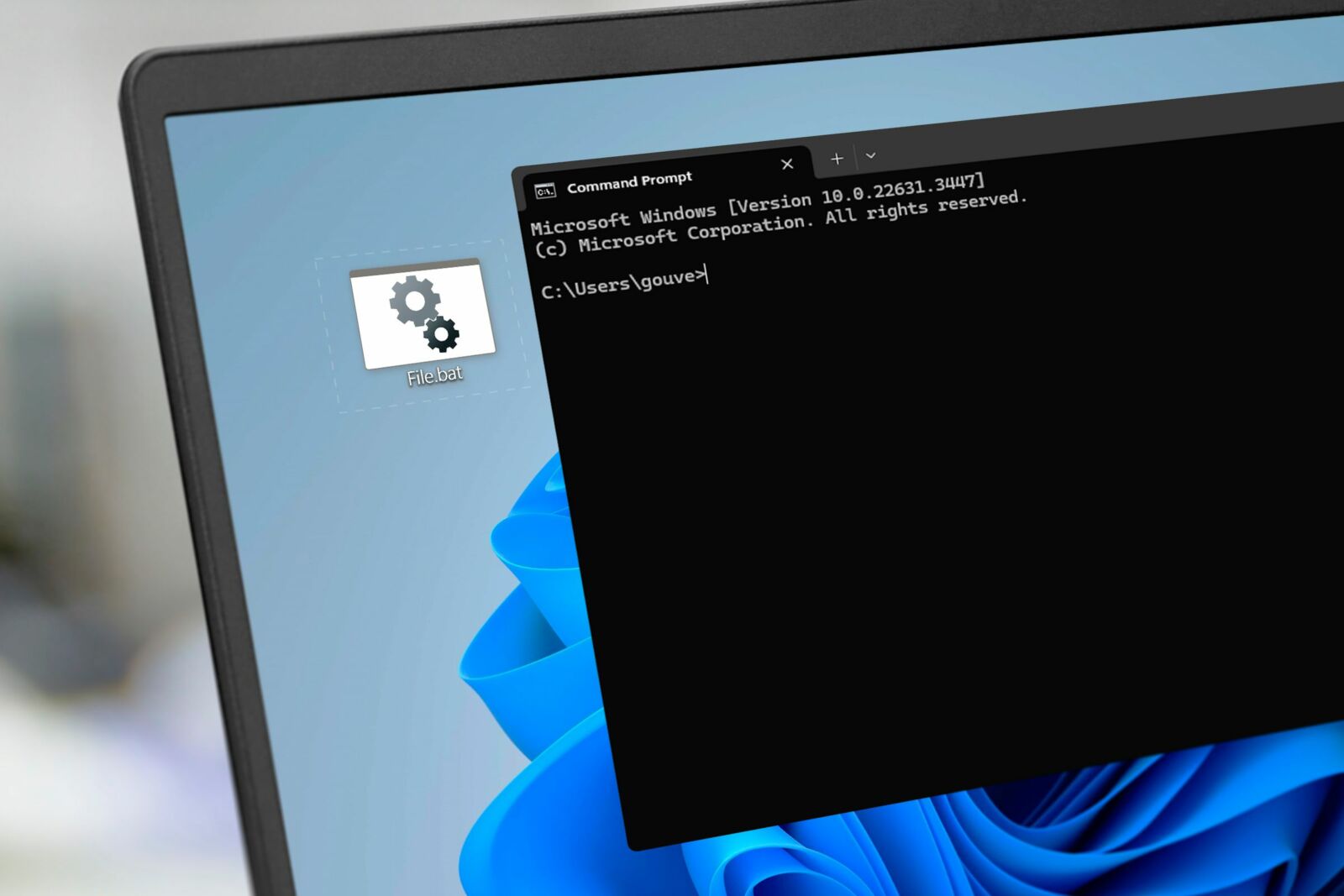 A laptop screen with the bat file icon and the command prompt open.