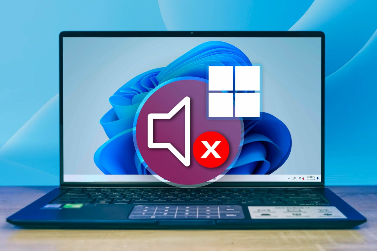 A laptop with windows 11 default screen and the 'no audio' icon in the center with the windows 11 logo