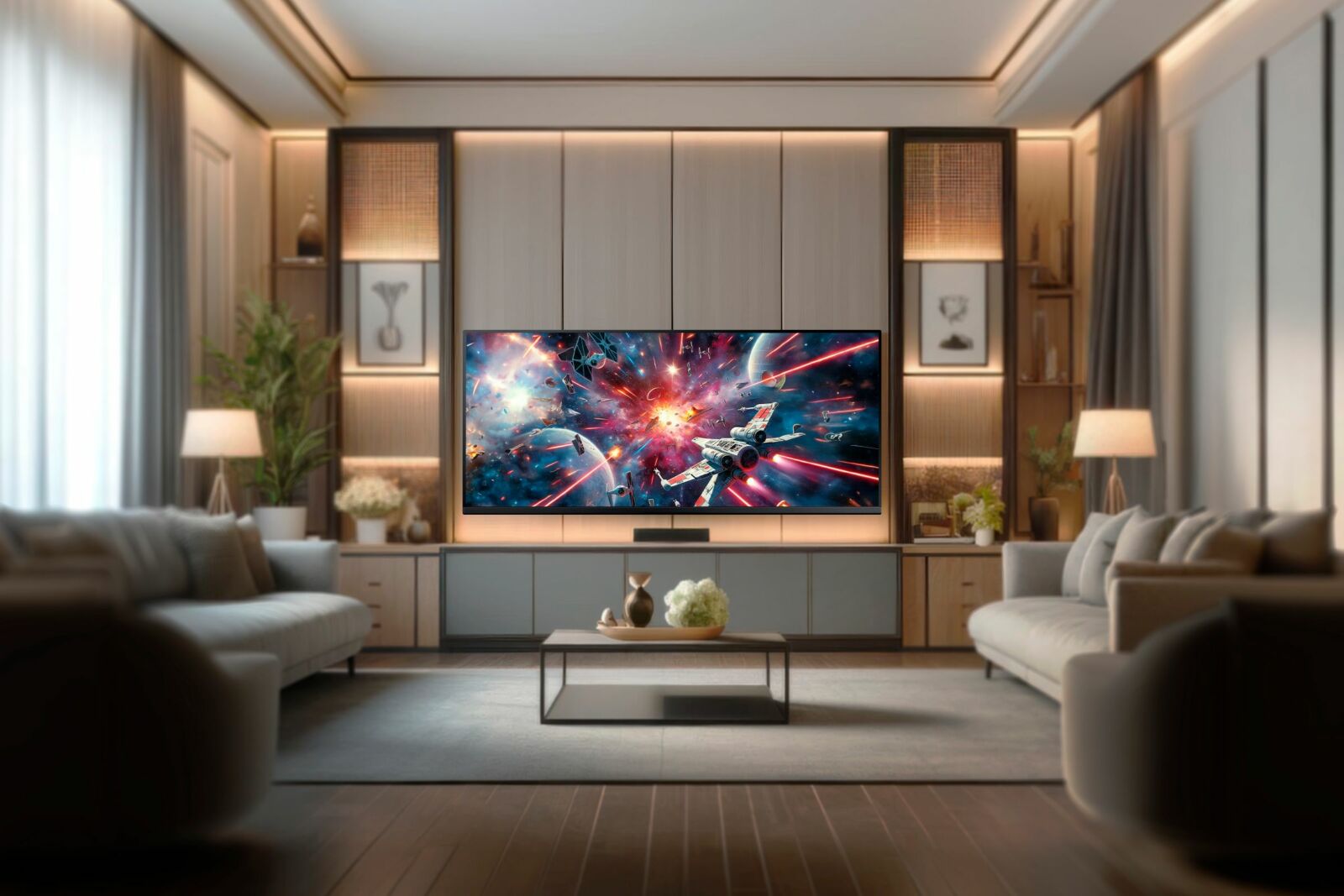 A living room with an ultrawide TV.