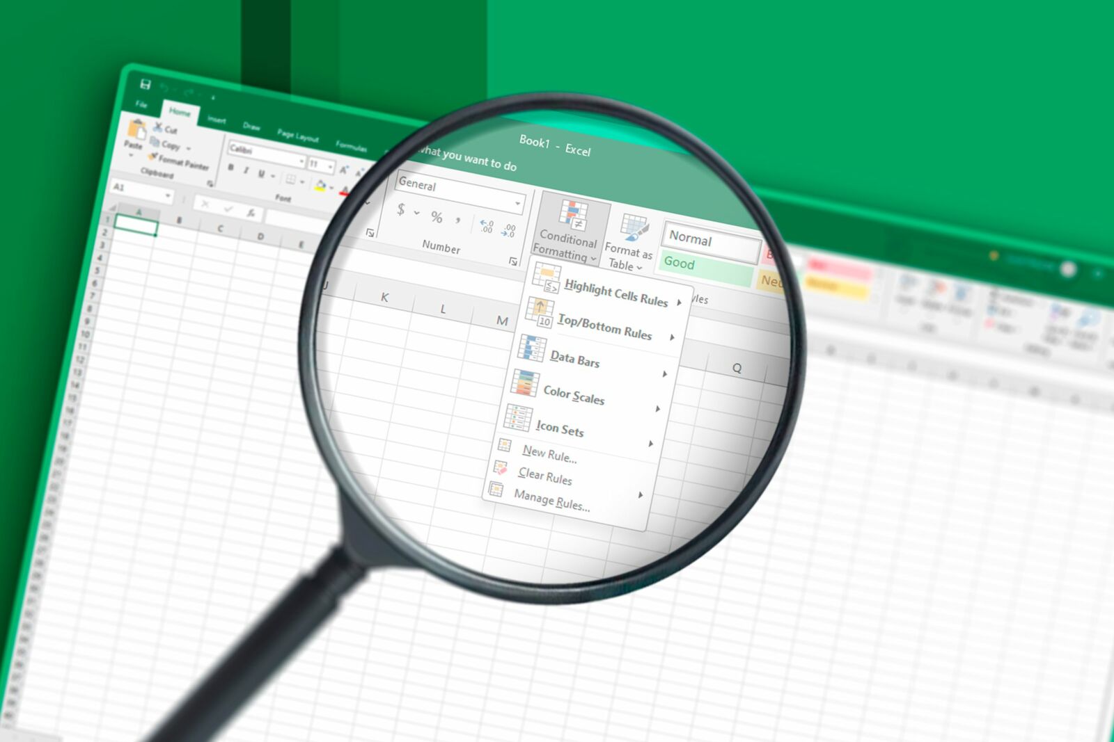 A magnifying glass showing some conditional formatting options in Excel.