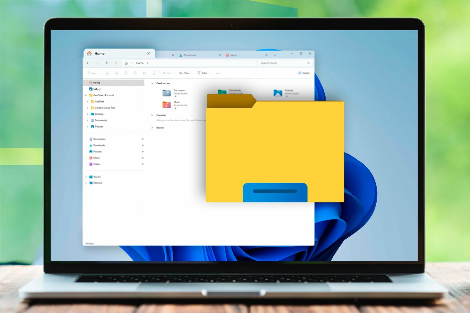 A notebook with the windows 11 file explorer open and the file explorer icon in the front.