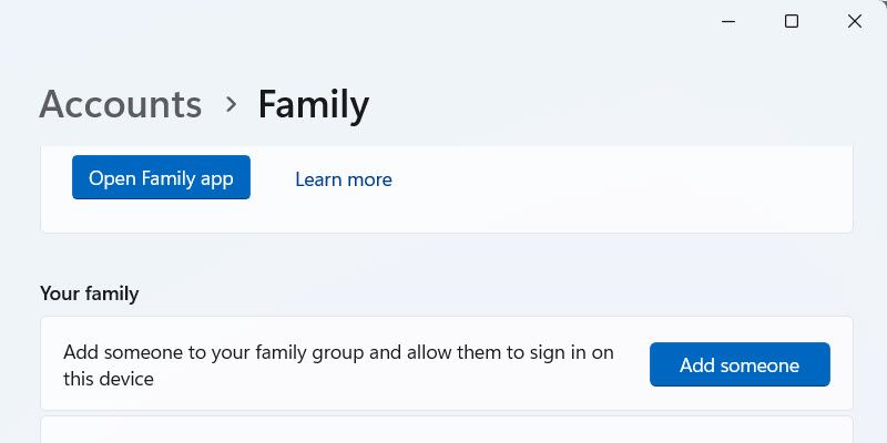 Adding someone to "Your Family" in the Settings app.