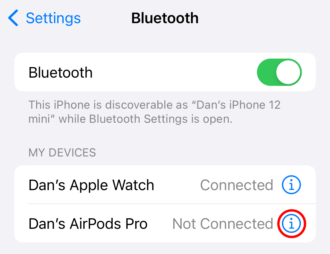 AirPods Pro information button in iPhone Bluetooth settings.