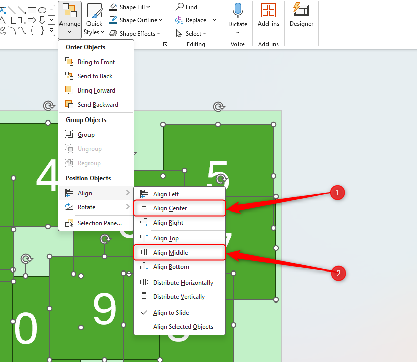 A PowerPoint slide with all objects selected and the 'Align Center' and 'Align Middle' options highlighted.