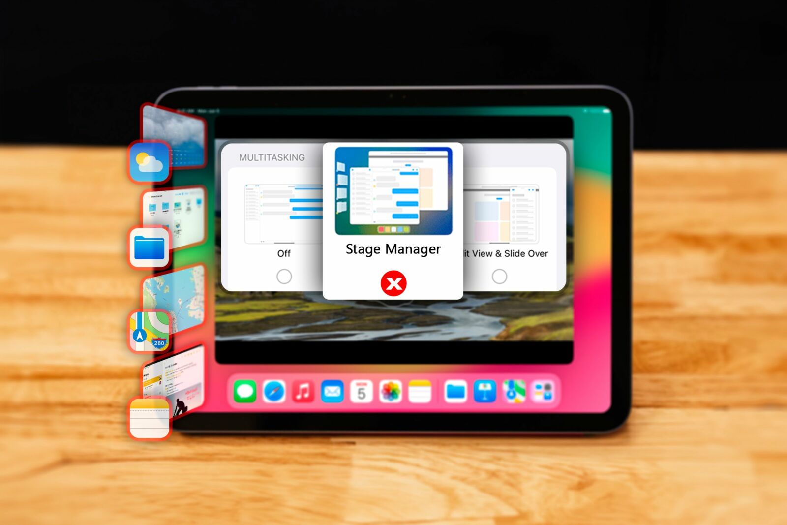 An iPad displaying the stage manager and multitasking settings.