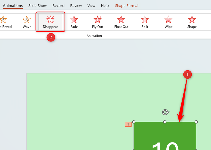 A PowerPoint slide with an object selected and the 'Disappear' exit animation highlighted.
