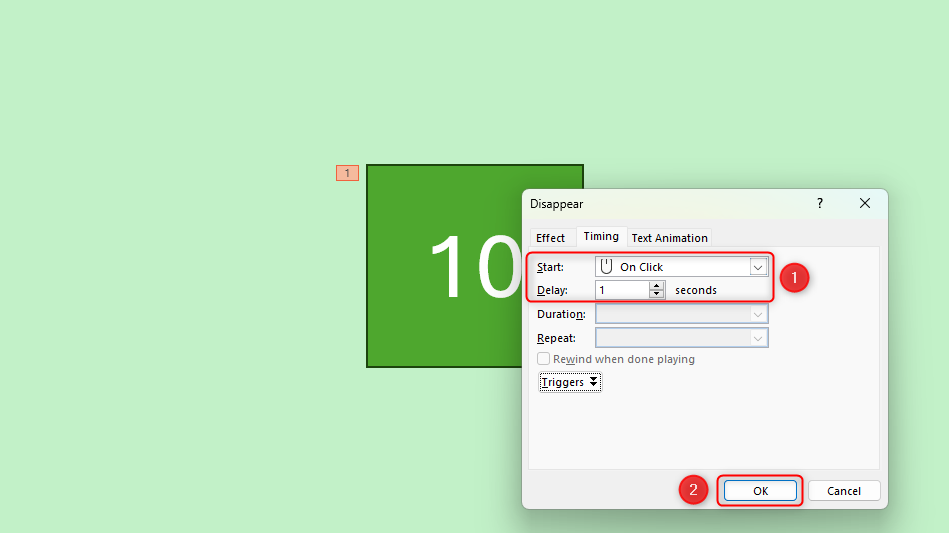 The Disappear Animation dialog box open with the Start box changed to 'On Click' and the Delay box changed to '1 second.'