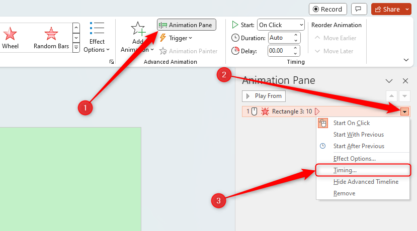 A PowerPoint presentation with the Animation Pane open and 'Timing' selected on the first item.