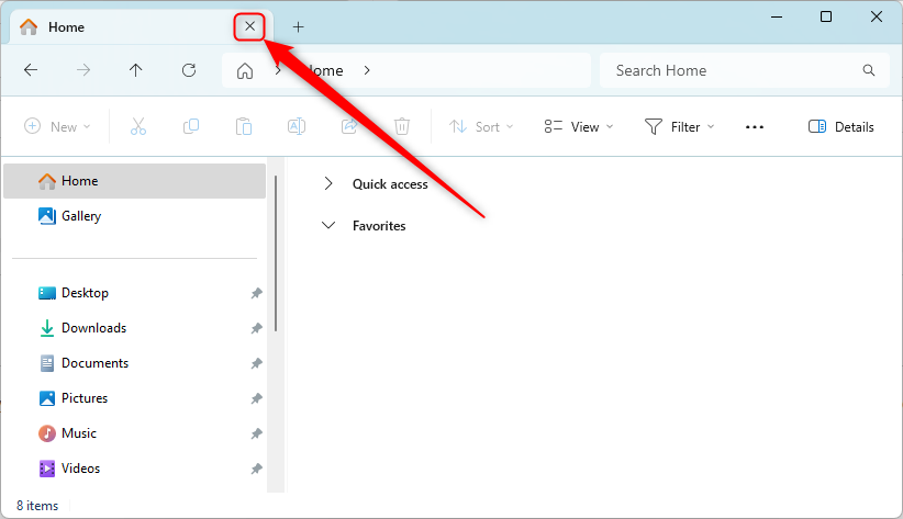File Explorer with the 'X' to close the tab highlighted.