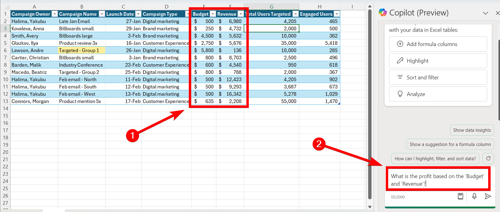 Prompting Copilot for a formula in Excel.