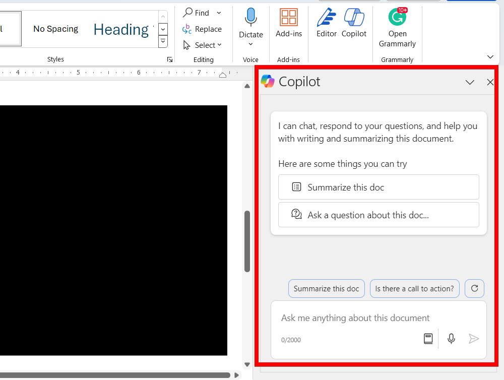 The Copilot panel in Microsoft Word.