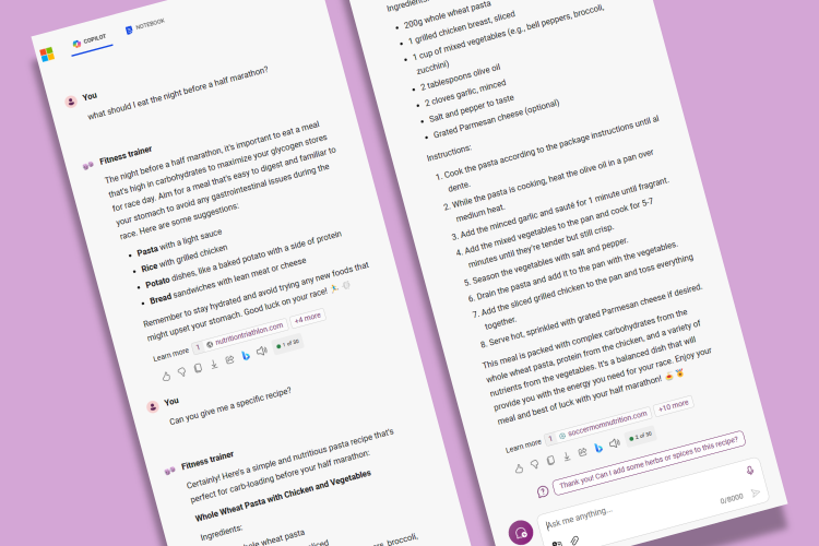 Microsoft Copilot Fitness Trainer recipe.
