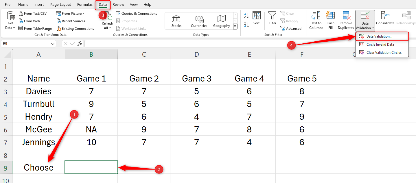 An Excel worksheet. 'Choose' is typed into cell A9, cell B9 is selected, and the 'Data Validation' function is highlighted.