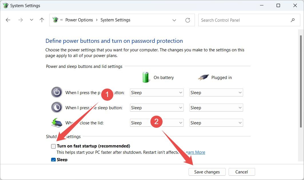 Disabling Fast Startup in Control Panel