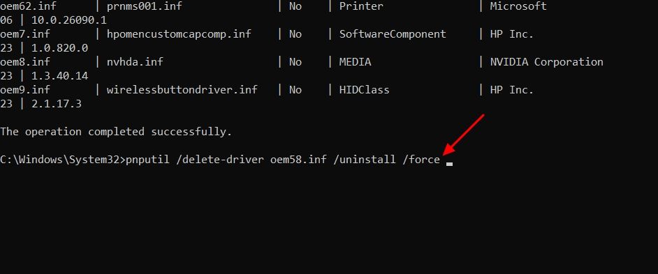 Driver removal command in Command Prompt.